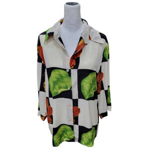 Silk Club Collection Vintage Geometric Leaf Printed Button Down Blouse Size S‎